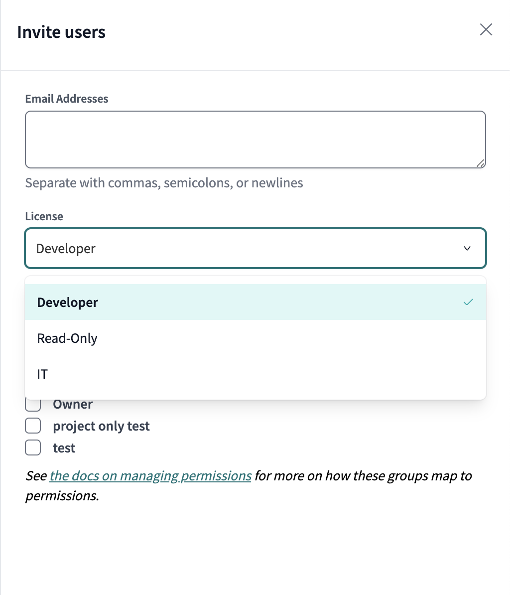 Example of the license dropdown in the user invitation window. Example of the license dropdown in the user invitation window.